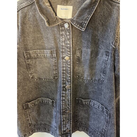 Old Navy Womens L Denim Button Jacket Black Fade Wash Chore Style Pockets - Picture 2 of 9